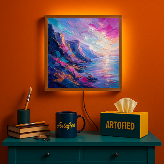 Coastal Cliffs at Golden Hour – Where stone meets sky in endless color – Acrylic Glowing Frame - Artofied