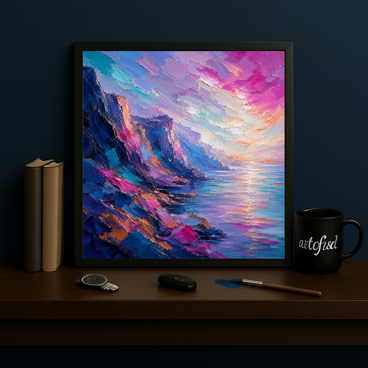 Coastal Cliffs at Golden Hour – Where stone meets sky in endless color – Framed Metal Poster - Artofied