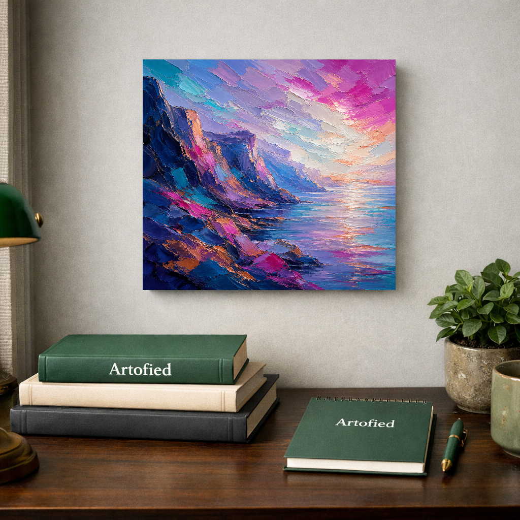 Coastal Cliffs at Golden Hour – Where stone meets sky in endless color – Premium Metal Poster - Artofied