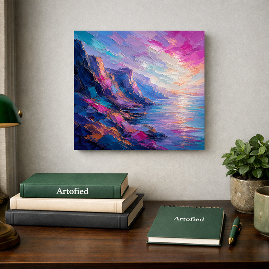 Coastal Cliffs at Golden Hour – Where stone meets sky in endless color – Premium Metal Poster - Artofied