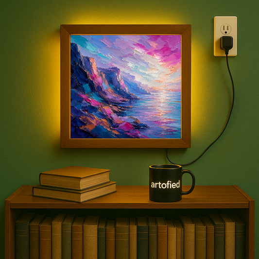 Coastal Cliffs at Golden Hour – Where stone meets sky in endless color – Photo Frame Wall Lamp - Artofied