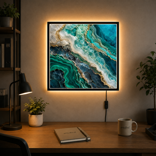 Coastal Minerals: Turquoise & Gold – Mineral layers shift from turquoise to gold. – Acrylic Glowing Frame - Artofied