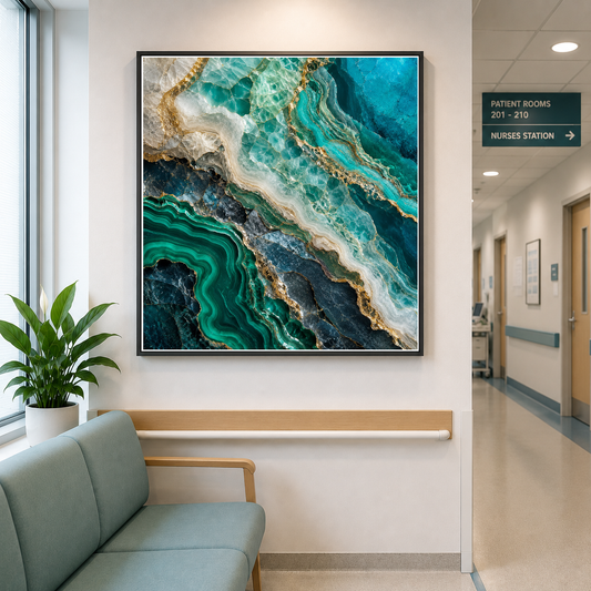 Coastal Minerals: Turquoise & Gold – Mineral layers shift from turquoise to gold. – Framed Metal Poster - Artofied