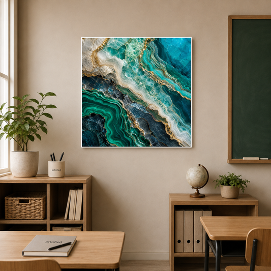 Coastal Minerals: Turquoise & Gold – Mineral layers shift from turquoise to gold. – Premium Metal Poster - Artofied