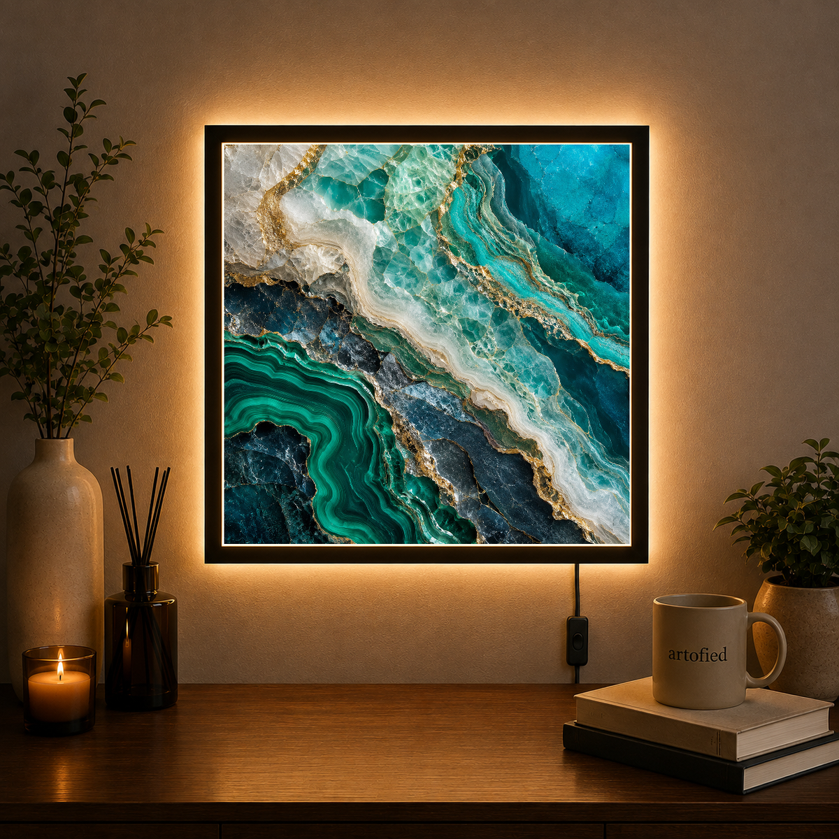Coastal Minerals: Turquoise & Gold – Mineral layers shift from turquoise to gold. – Photo Frame Wall Lamp - Artofied