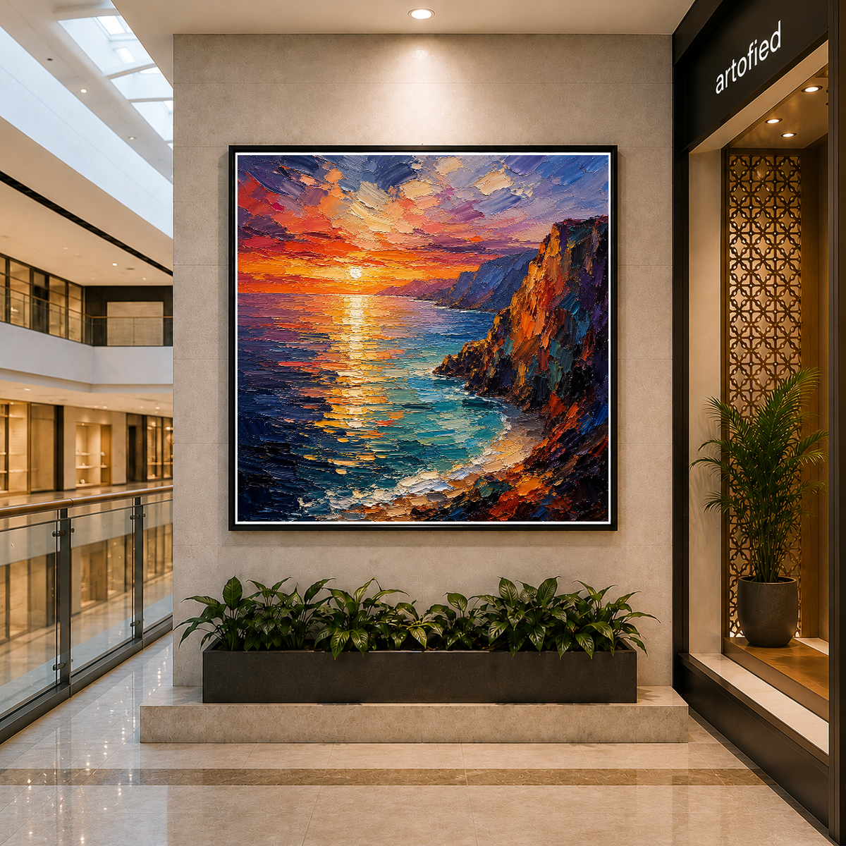 Coastal Sunset Over Rugged Cliffs – Amber sky ignites the darkening sea – Framed Metal Poster - Artofied