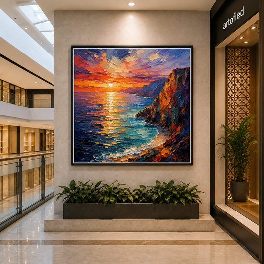 Coastal Sunset Over Rugged Cliffs – Amber sky ignites the darkening sea – Framed Metal Poster - Artofied
