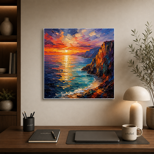 Coastal Sunset Over Rugged Cliffs – Amber sky ignites the darkening sea – Premium Metal Poster - Artofied