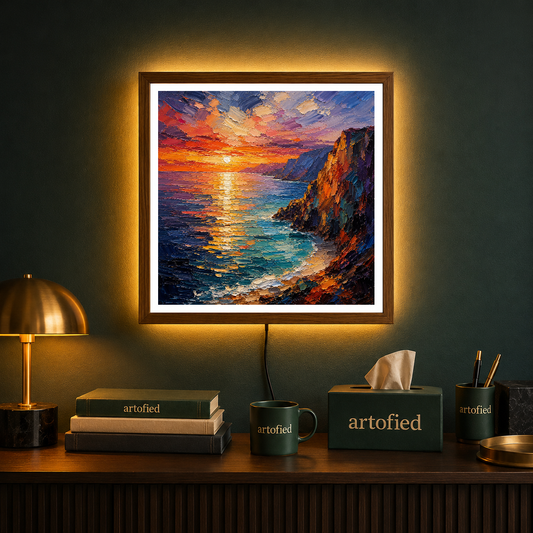 Coastal Sunset Over Rugged Cliffs – Amber sky ignites the darkening sea – Photo Frame Wall Lamp - Artofied