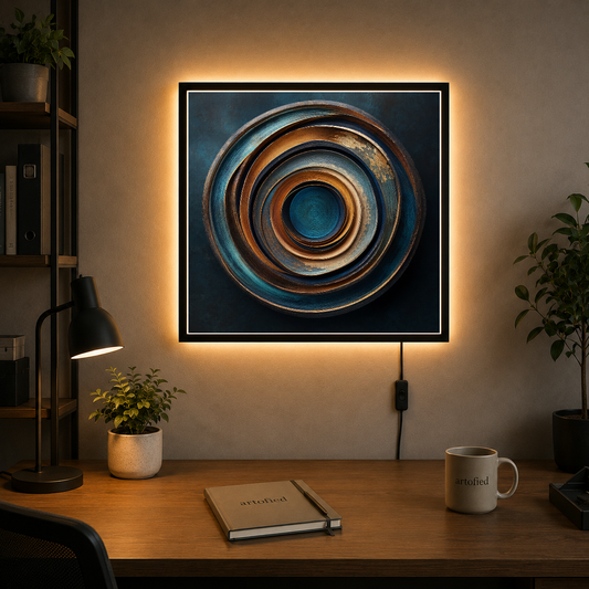 Concentric Circles in Teal & Copper – Oxidized copper spirals inward, endlessly. – Acrylic Glowing Frame - Artofied