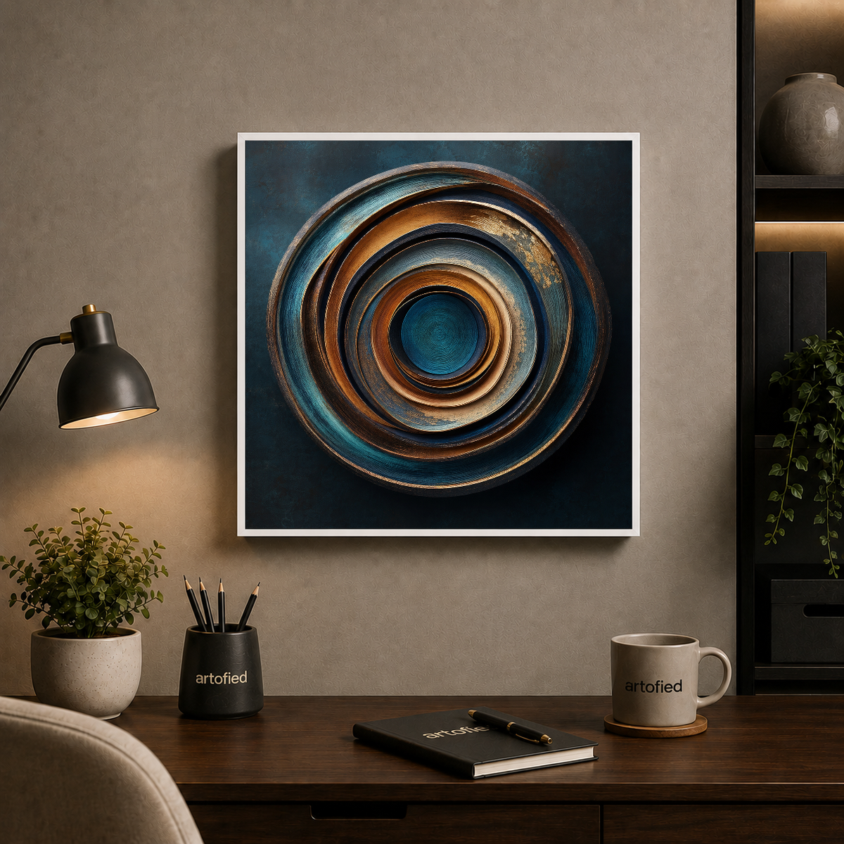 Concentric Circles in Teal & Copper – Oxidized copper spirals inward, endlessly. – Framed Metal Poster - Artofied