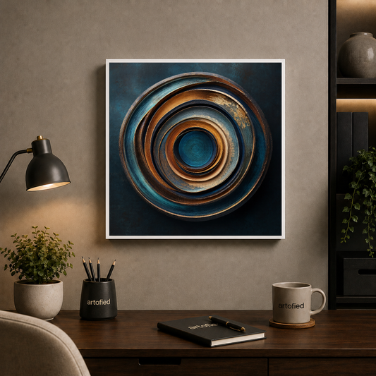 Concentric Circles in Teal & Copper – Oxidized copper spirals inward, endlessly. – Framed Metal Poster - Artofied