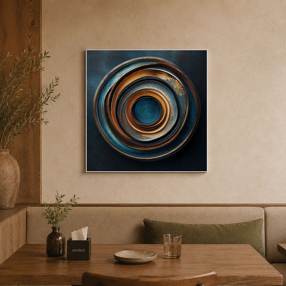 Concentric Circles in Teal & Copper – Oxidized copper spirals inward, endlessly. – Premium Metal Poster - Artofied