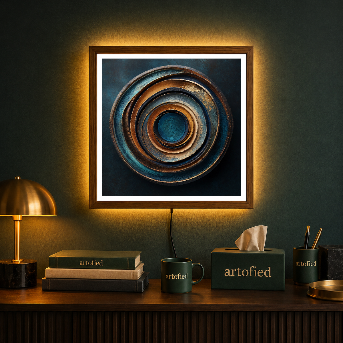 Concentric Circles in Teal & Copper – Oxidized copper spirals inward, endlessly. – Photo Frame Wall Lamp - Artofied