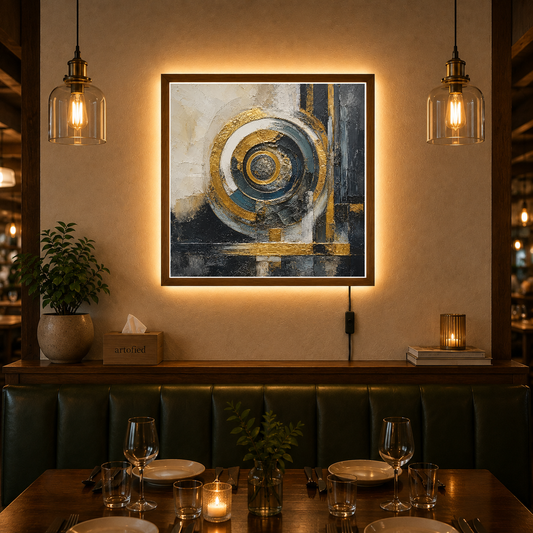 Concentric Cycles: Gold & Geometry – Weathered circles hold quiet gold – Acrylic Glowing Frame - Artofied