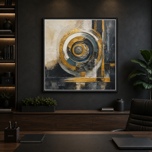 Concentric Cycles: Gold & Geometry – Weathered circles hold quiet gold – Framed Metal Poster - Artofied