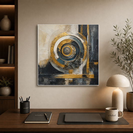 Concentric Cycles: Gold & Geometry – Weathered circles hold quiet gold – Premium Metal Poster - Artofied