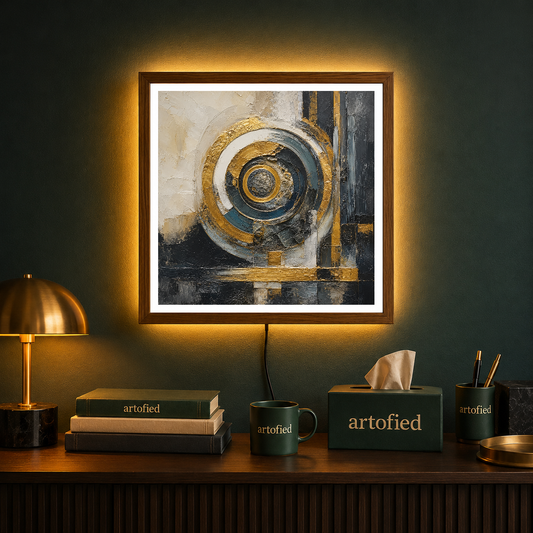 Concentric Cycles: Gold & Geometry – Weathered circles hold quiet gold – Photo Frame Wall Lamp - Artofied