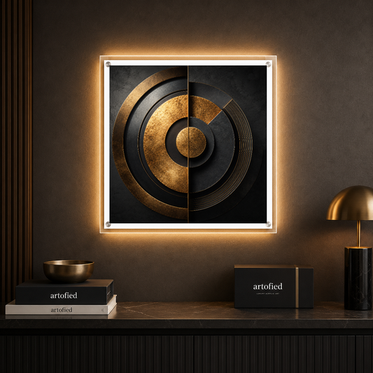 Concentric Resonance: Gold & Black Geometry – Concentric rings build depth without clutter. – Acrylic Glowing Frame - Artofied