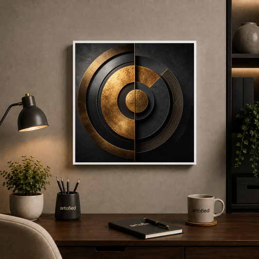 Concentric Resonance: Gold & Black Geometry – Concentric rings build depth without clutter. – Framed Metal Poster - Artofied