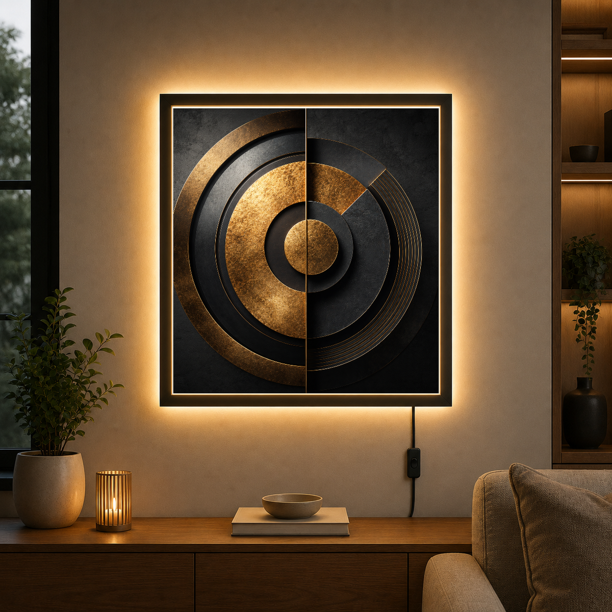 Concentric Resonance: Gold & Black Geometry – Concentric rings build depth without clutter. – Photo Frame Wall Lamp - Artofied