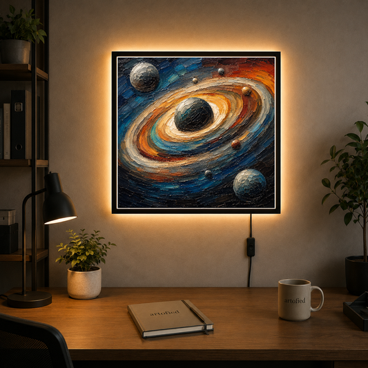 Cosmic Spiral: A Journey Through Space – Swirling nebulae ignite the infinite dark – Acrylic Glowing Frame - Artofied