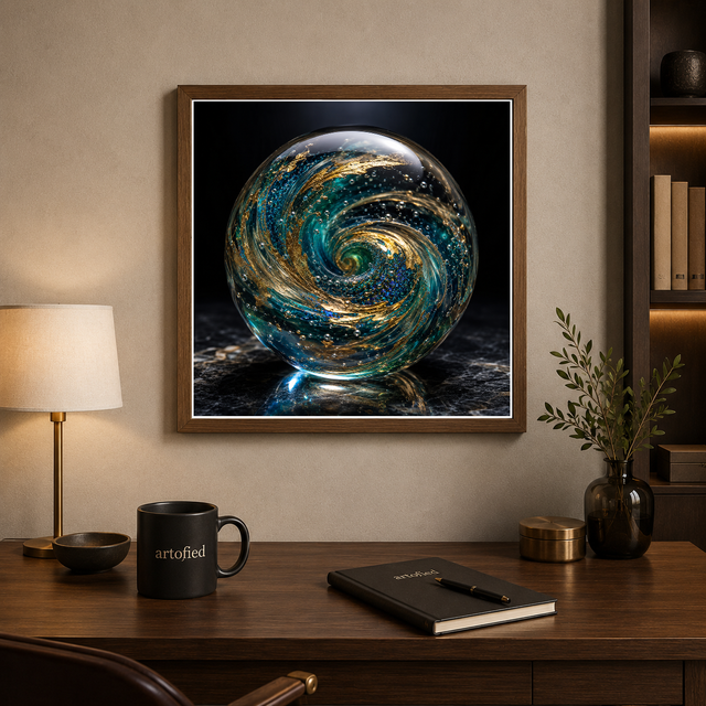 Cosmic Orb on Marble – Framed Metal Print Wall Art