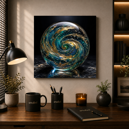 Cosmic Spiral: Earth's Golden Dance – Gold and teal swirl into infinite black – Premium Metal Poster - Artofied