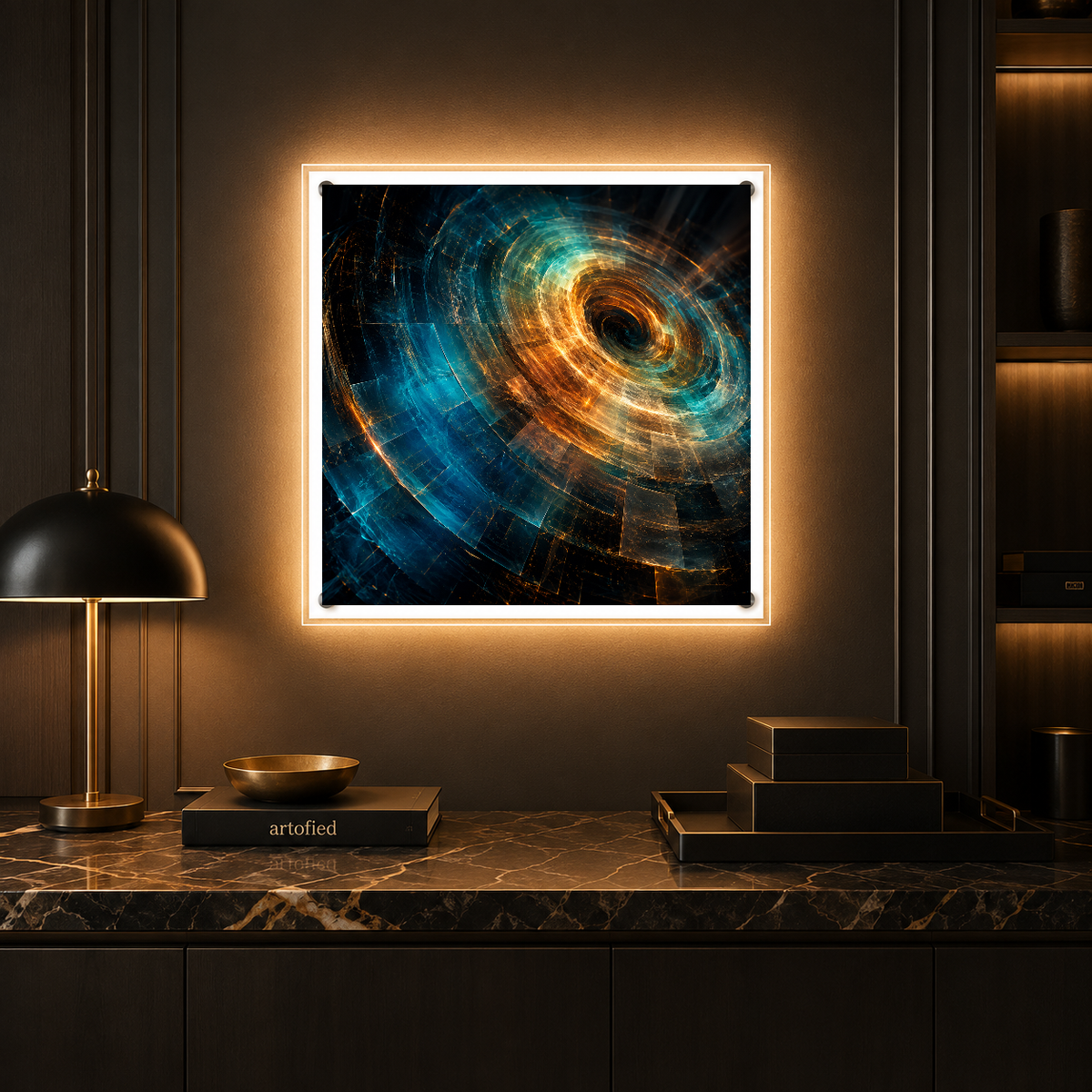 Cosmic Spiral: Light Through Darkness – Gold and blue spiral into infinite depth – Acrylic Glowing Frame - Artofied