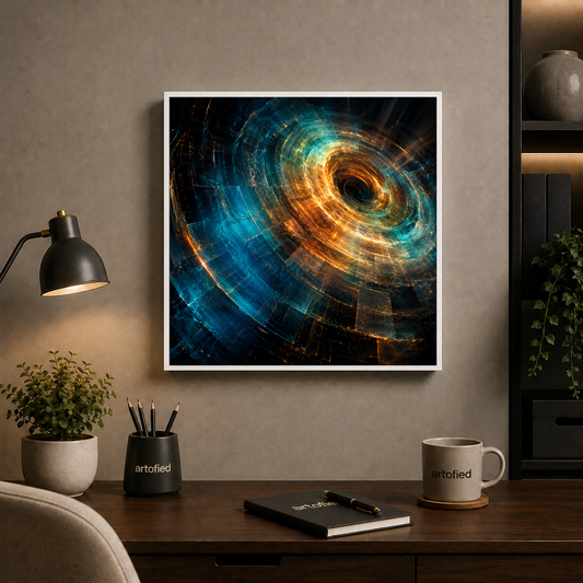 Cosmic Spiral: Light Through Darkness – Gold and blue spiral into infinite depth – Framed Metal Poster - Artofied