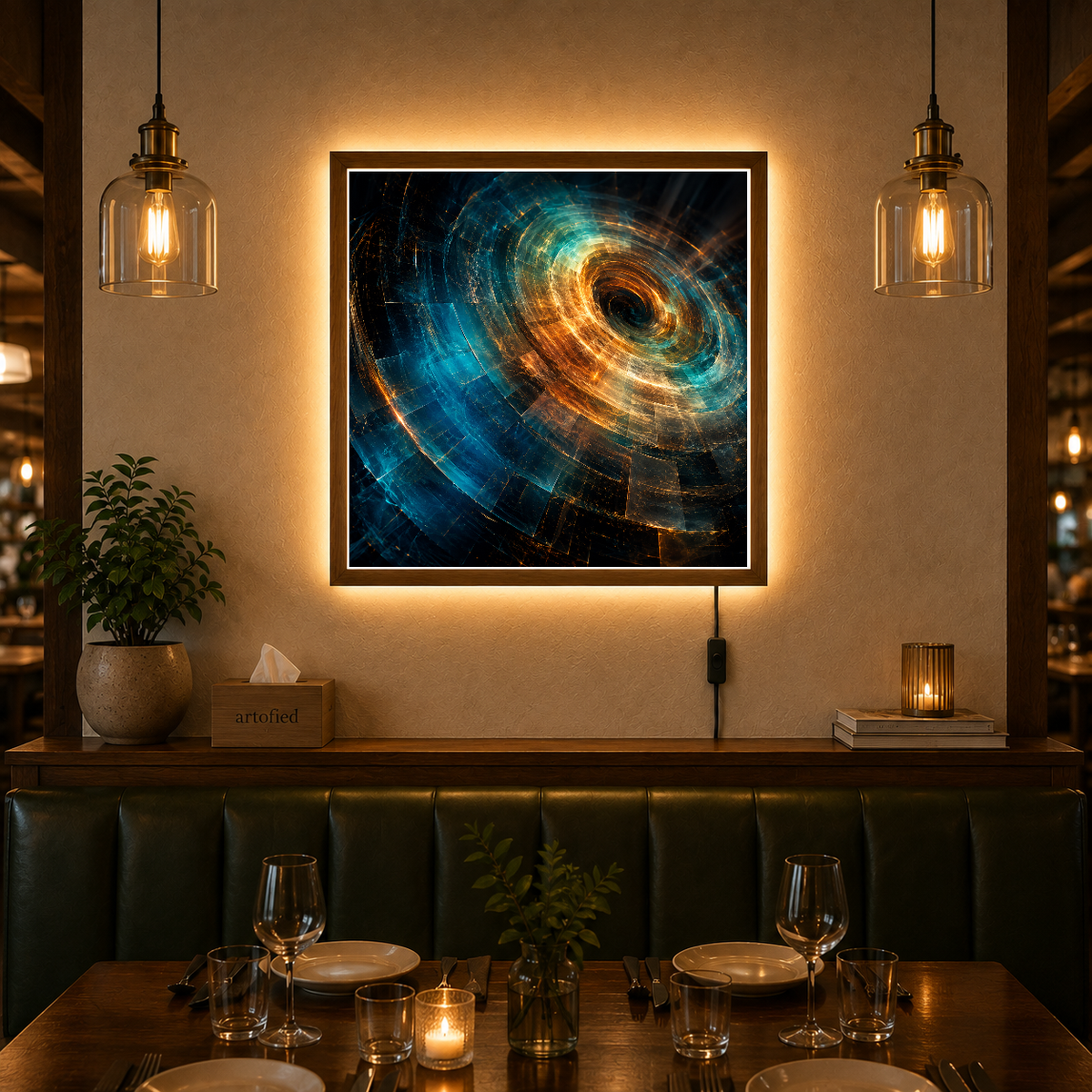 Cosmic Spiral: Light Through Darkness – Gold and blue spiral into infinite depth – Photo Frame Wall Lamp - Artofied