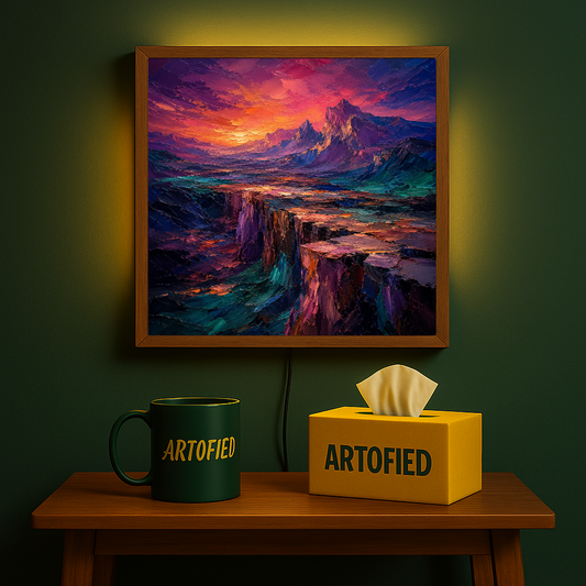 Crimson Peaks at Twilight – Where mountains meet the burning sky – Acrylic Glowing Frame - Artofied