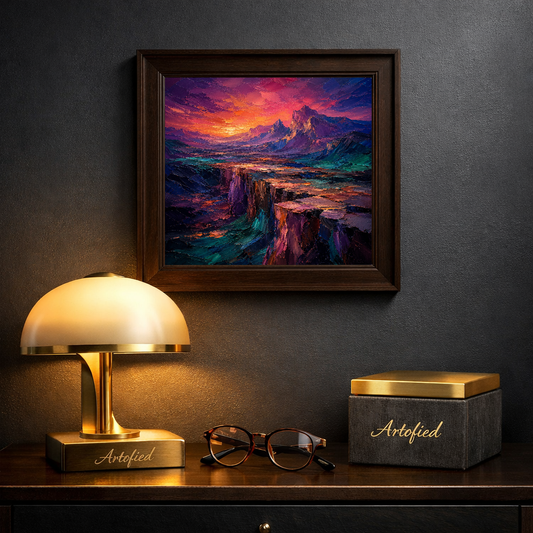 Crimson Peaks at Twilight – Where mountains meet the burning sky – Framed Metal Poster - Artofied