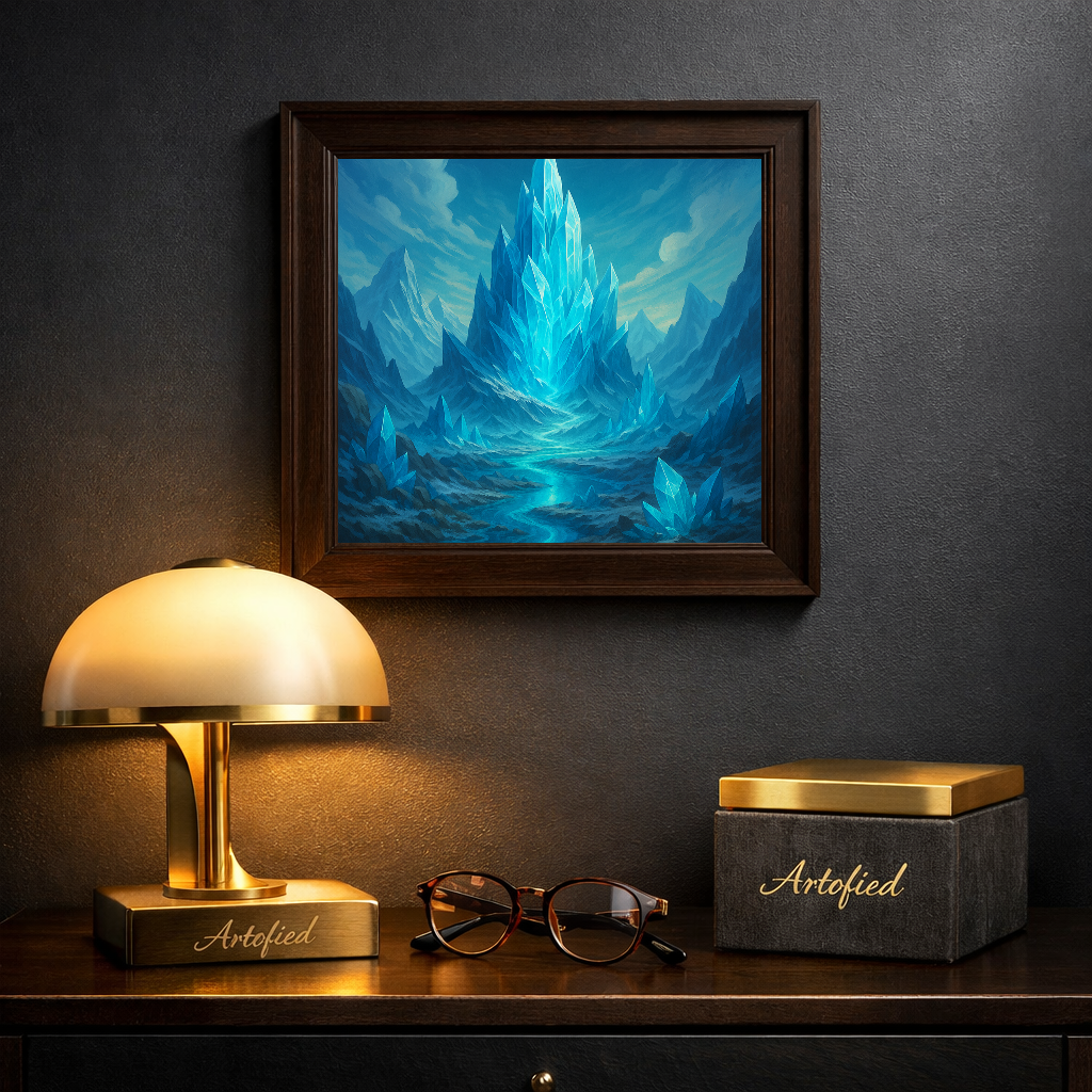 Crystalline Ice Palace in Turquoise – Where frozen majesty meets ethereal light – Framed Metal Poster - Artofied