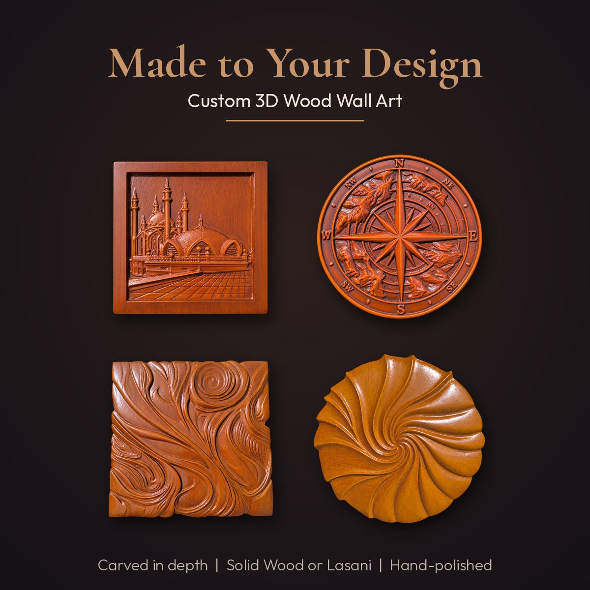 Custom 3D wood wall art carved to your design, in Solid Wood or Lasani
