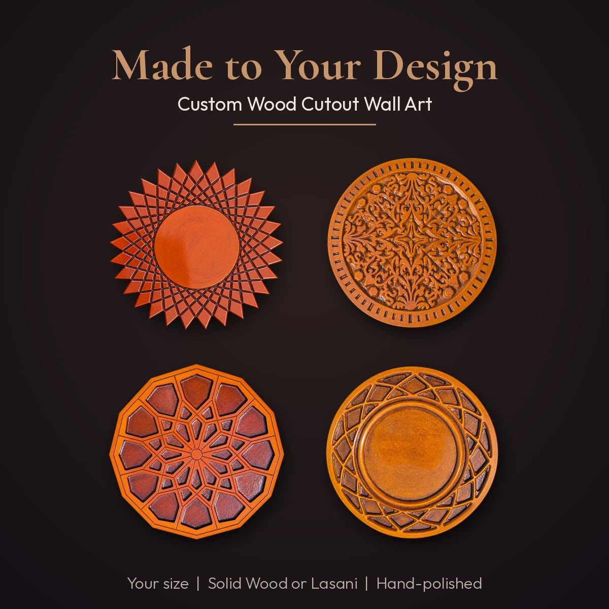 Custom wood cutout wall art made to your design, in Solid Wood or Lasani
