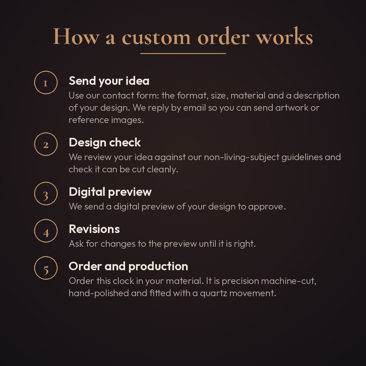 How a custom wooden wall clock order works, from idea to digital preview to production