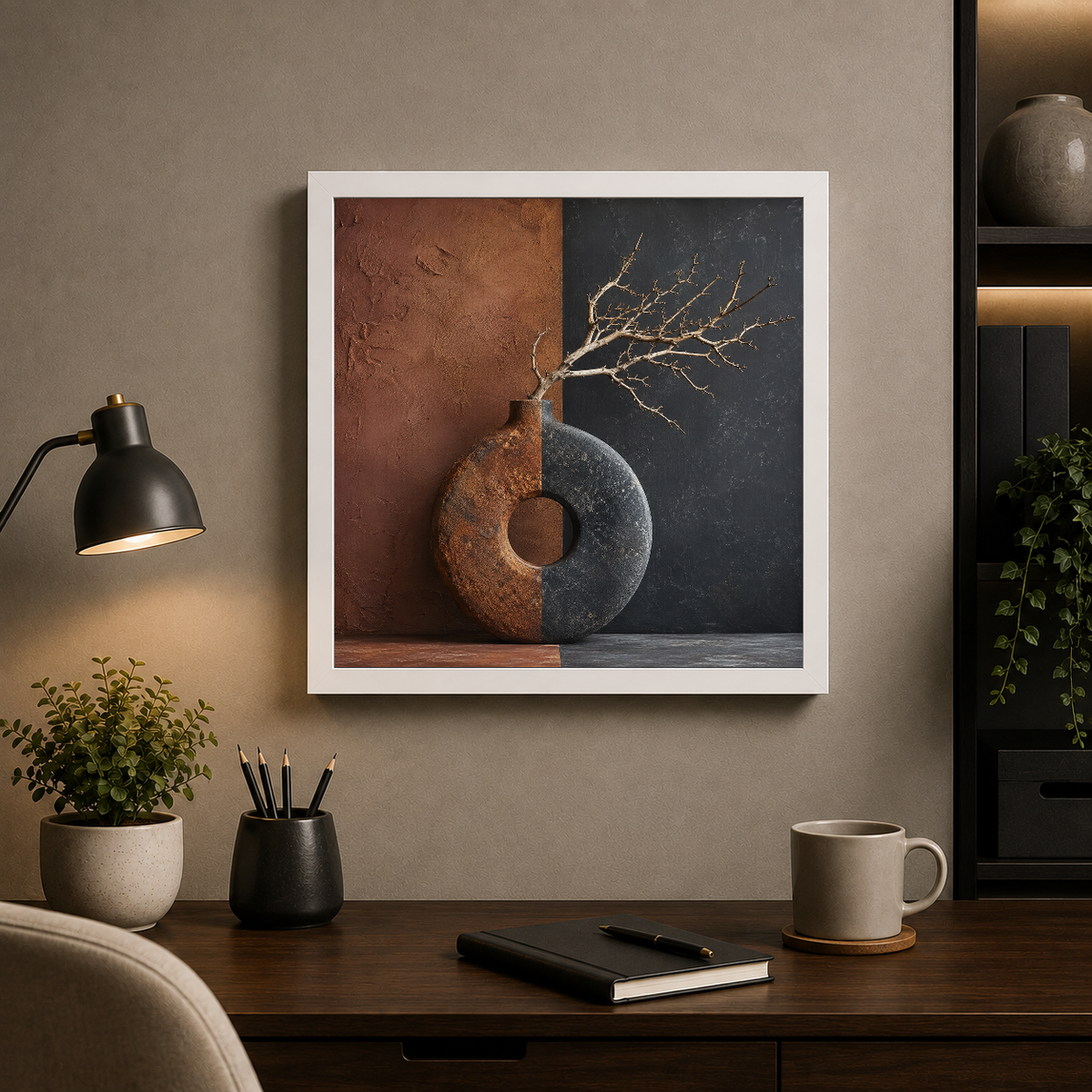 Duality: Earth and Sky – Golden branch against the earth's shadow – Framed Metal Poster - Artofied