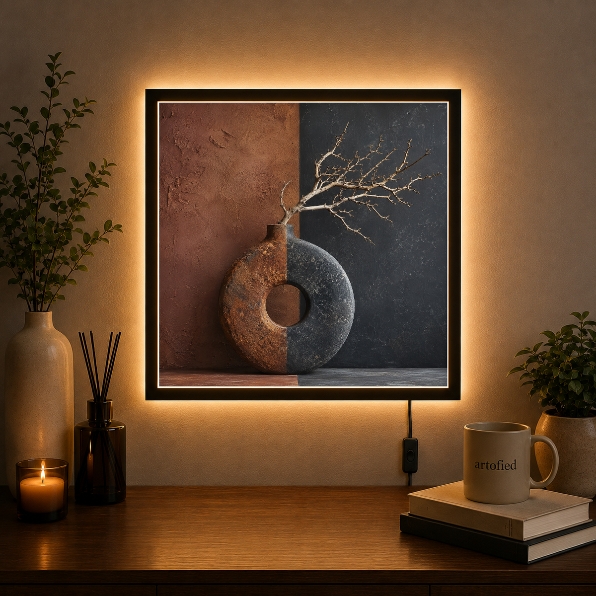 Duality: Earth and Sky – Golden branch against the earth's shadow – Photo Frame Wall Lamp - Artofied