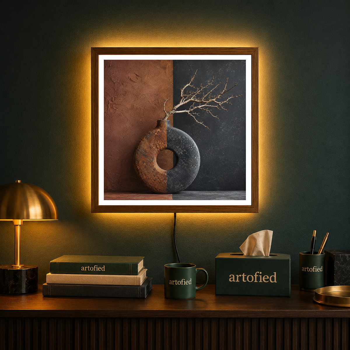 Duality: Earth and Stone – Rust and slate split open, branch reaches through – Acrylic Glowing Frame - Artofied