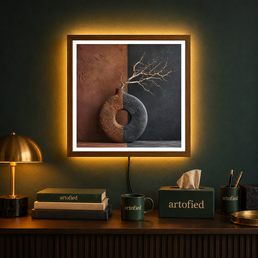 Duality: Earth and Stone – Rust and slate split open, branch reaches through – Acrylic Glowing Frame - Artofied