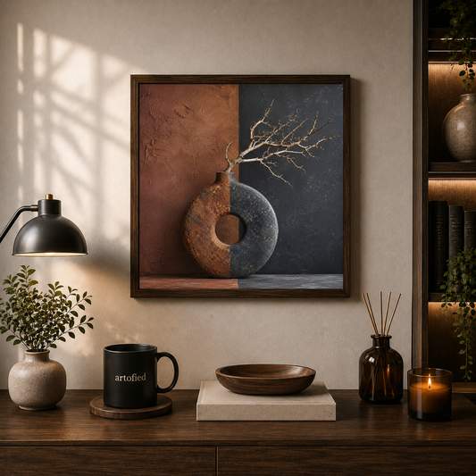 Duality: Earth and Stone – Rust and slate split open, branch reaches through – Framed Metal Poster - Artofied