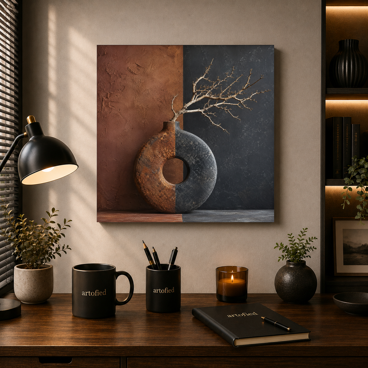 Duality: Earth and Stone – Rust and slate split open, branch reaches through – Premium Metal Poster - Artofied