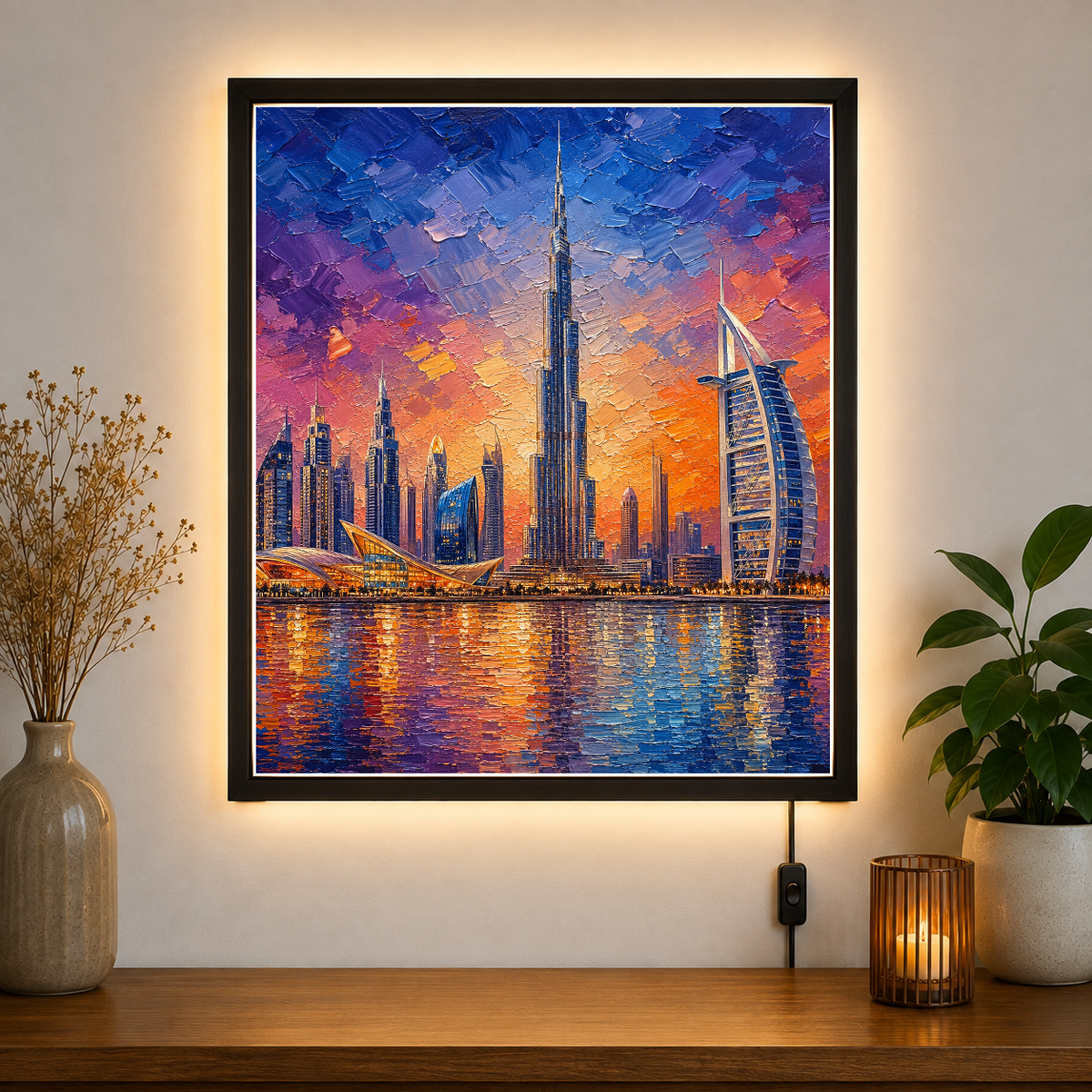 Dubai Skyline at Golden Hour – Where ambition meets the Arabian glow – Acrylic Glowing Frame - Artofied