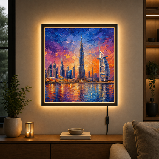 Dubai Skyline at Golden Hour – Where ambition meets the Arabian glow – Photo Frame Wall Lamp - Artofied