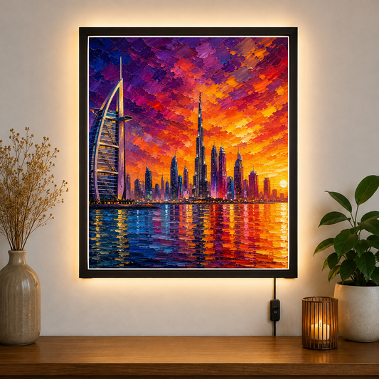 Dubai Skyline at Golden Sunset – Where urban grandeur meets fiery skies – Acrylic Glowing Frame - Artofied