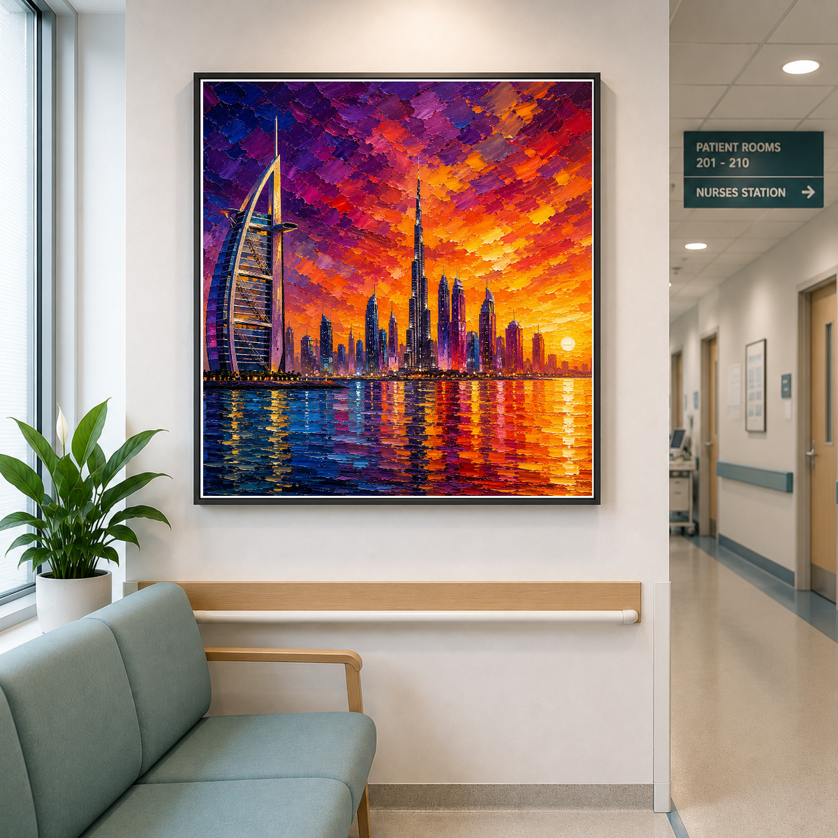 Dubai Skyline at Golden Sunset – Where urban grandeur meets fiery skies – Framed Metal Poster - Artofied