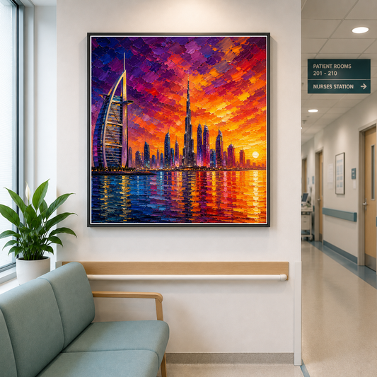 Dubai Skyline at Golden Sunset – Where urban grandeur meets fiery skies – Framed Metal Poster - Artofied