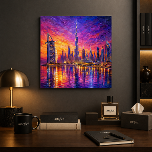 Dubai Skyline at Golden Sunset – Where ambition meets the horizon in light – Premium Metal Poster - Artofied