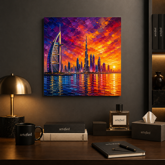 Dubai Skyline at Golden Sunset – Where urban grandeur meets fiery skies – Premium Metal Poster - Artofied